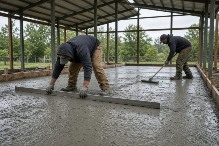 Crew screeding wet concrete inside an open pole barn, barn concrete slabs in Cedar Lake