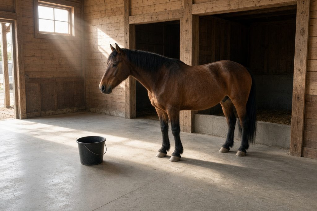 Horse standing on a finished barn floor near a stall, barn concrete slabs in Cedar Lake