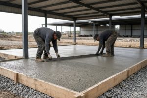 Crew screeding fresh concrete inside an open shed — barn concrete slabs in Dyer