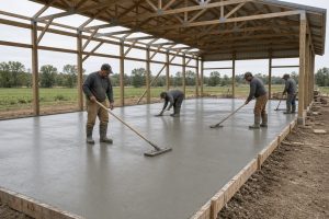 Crew screeding fresh concrete inside a pole barn frame, barn concrete slabs in Lowell