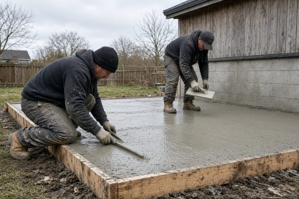 Crew finishing wet concrete on a backyard barn pad — barn concrete slabs in South Holland