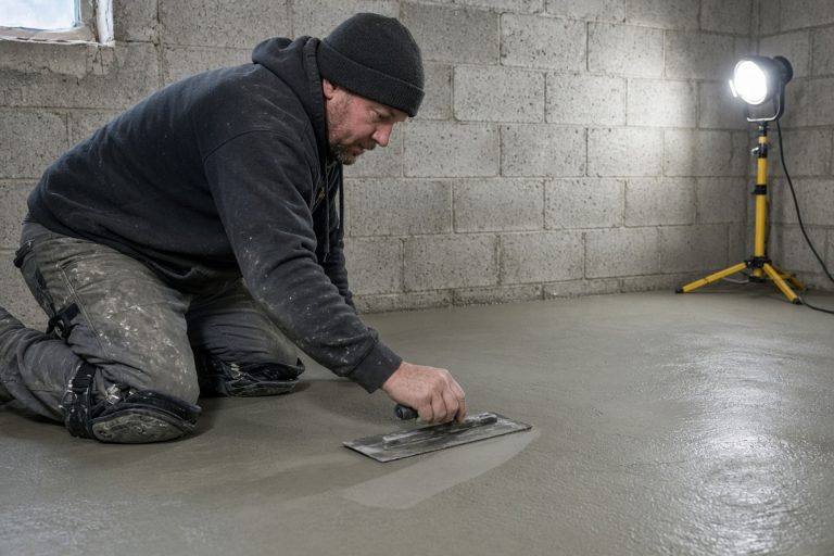 Crew smoothing a fresh basement floor overlay — Basements in Burns Harbor