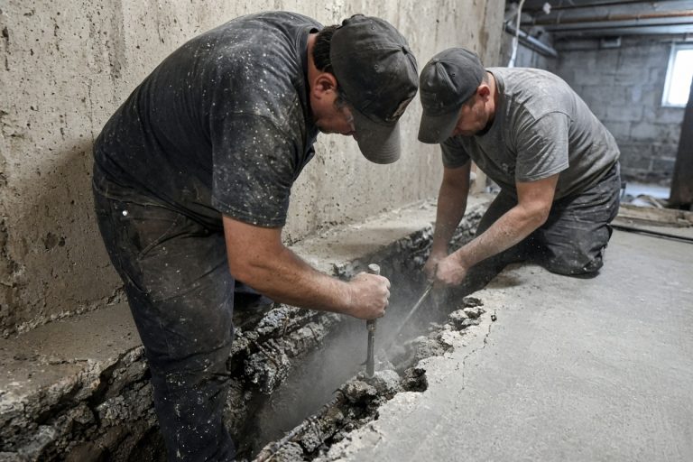 Crew cutting failed concrete along a basement wall — Basements in Chesterton