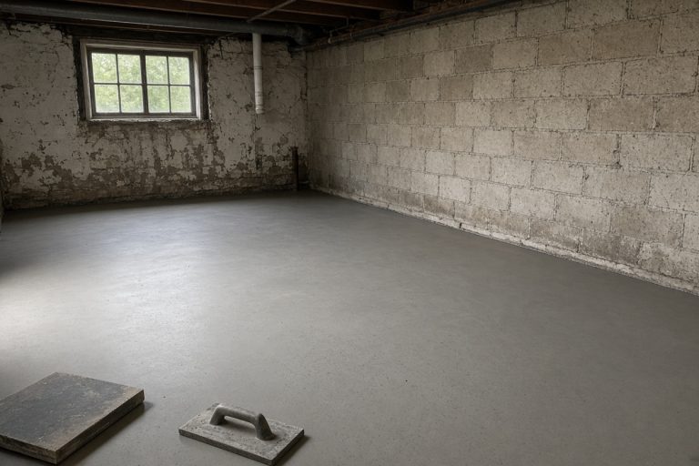 Smooth new basement slab beside a block wall — Basements in Valparaiso