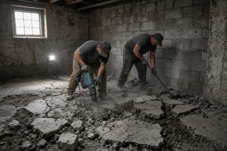 Crew breaking out a worn basement slab — Basements in Valparaiso