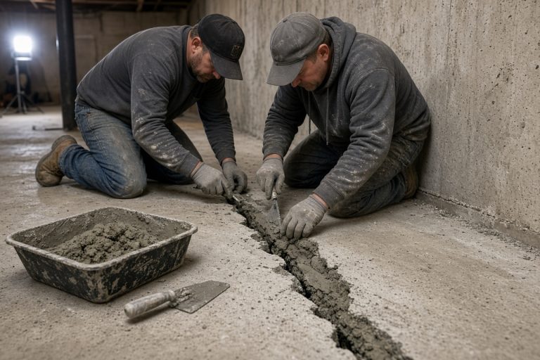 Workers filling a basement floor crack near the wall — Basements in Wheeler