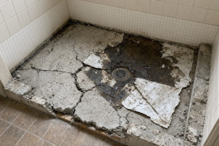 Old shower mortar bed with a split liner exposed — Bathroom Remodeling in Burns Harbor