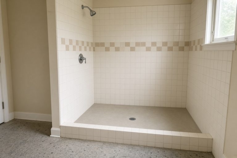 Finished tiled shower and concrete base in a mill-era bath — Bathroom Remodeling in Burns Harbor
