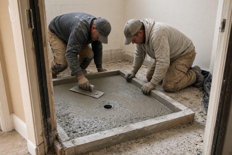 Crew forming a new concrete shower base — Bathroom Remodeling in Burns Harbor