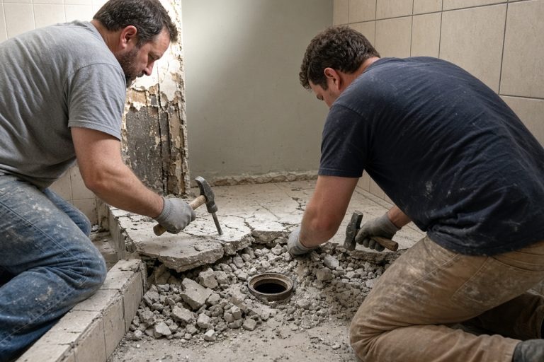 Crew tearing out a cracked shower bed - Bathroom Remodeling in Chesterton