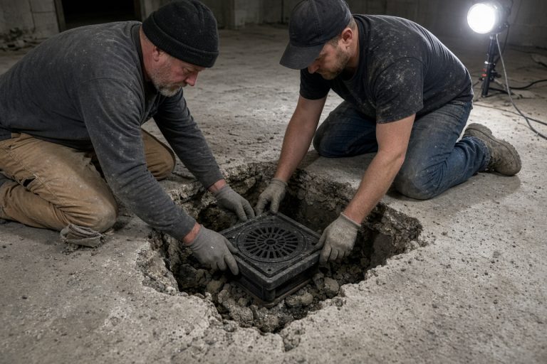 Crew setting a new basement drain in a cut slab - Bathroom Remodeling in Valparaiso