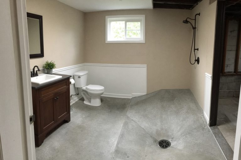 Finished basement bathroom with sloped floor and drain - Bathroom Remodeling in Valparaiso