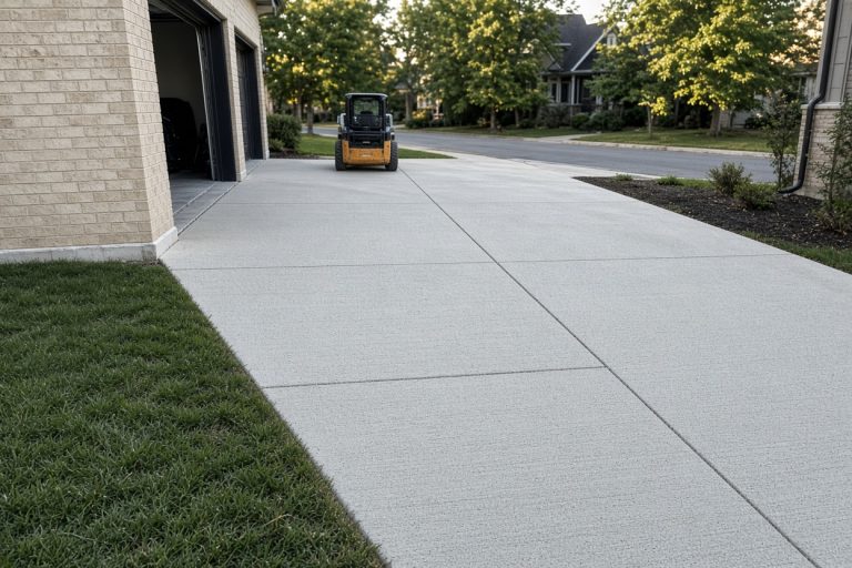 New broom-finished driveway from the garage to the street — Concrete Driveways in Chesterton