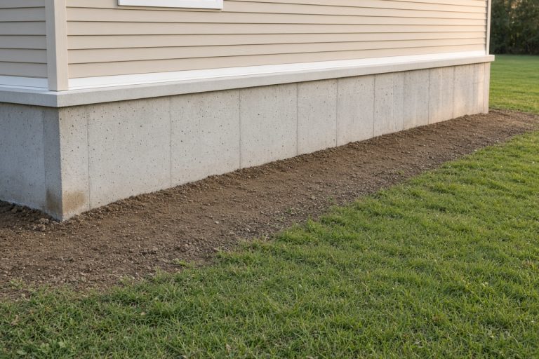 Finished foundation wall with grade sloped away from the house — Concrete Foundations in Chesterton