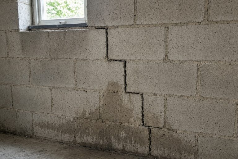 Close view of a stair-step crack in a block foundation wall — Concrete Foundations in Chesterton