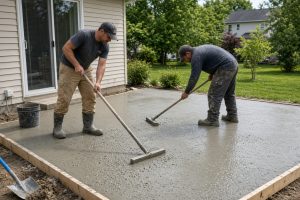 Workers leveling fresh concrete on a new patio - Concrete Patios in Chesterton