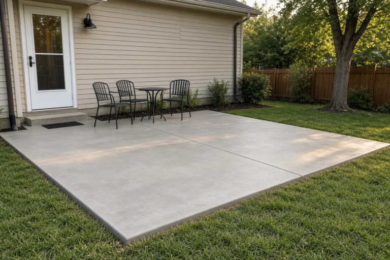 Finished patio with chairs by a backyard door - Concrete Patios in Chesterton