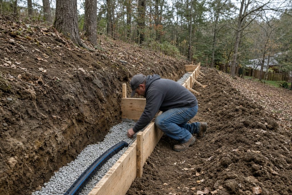 Open footing trench with drain rock and wall forms on a slope, Retaining Walls in Chesterton