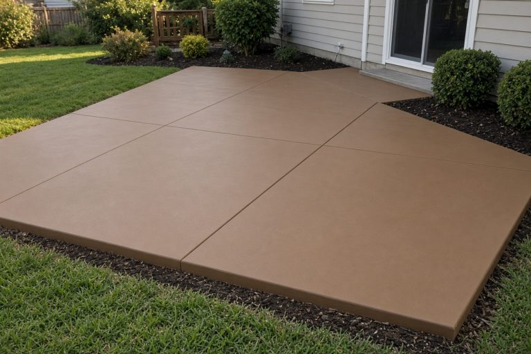 Finished earth-tone patio slab beside a house, Colored Concrete in Burns Harbor