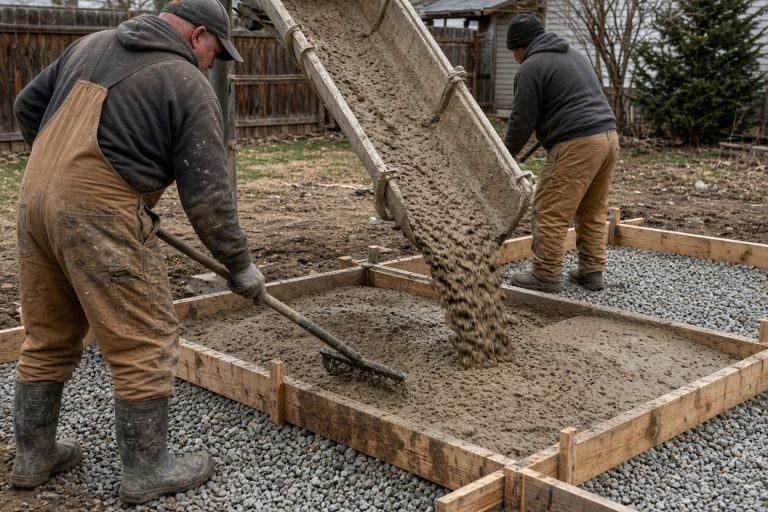 Crew pouring colored concrete into backyard patio forms, Colored Concrete in Burns Harbor