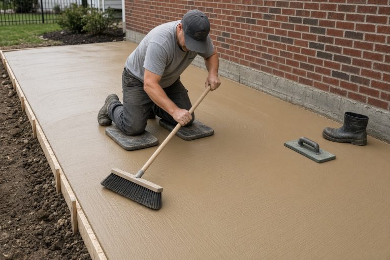 Crew finishing a colored patio pour by brick — Colored Concrete in Valparaiso