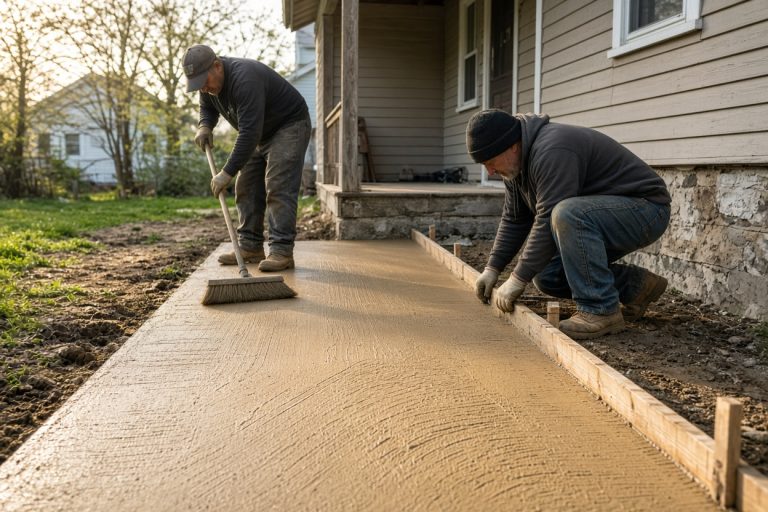Crew brooming a warm tan walk pour — Colored Concrete in Wheeler
