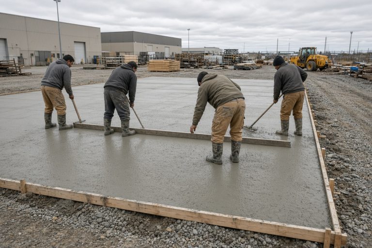Crew screeding a fresh commercial pad — Commercial Concrete in Burns Harbor