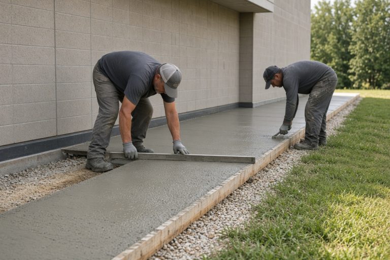 Crew pouring a school service walk beside a building — Commercial Concrete in Chesterton