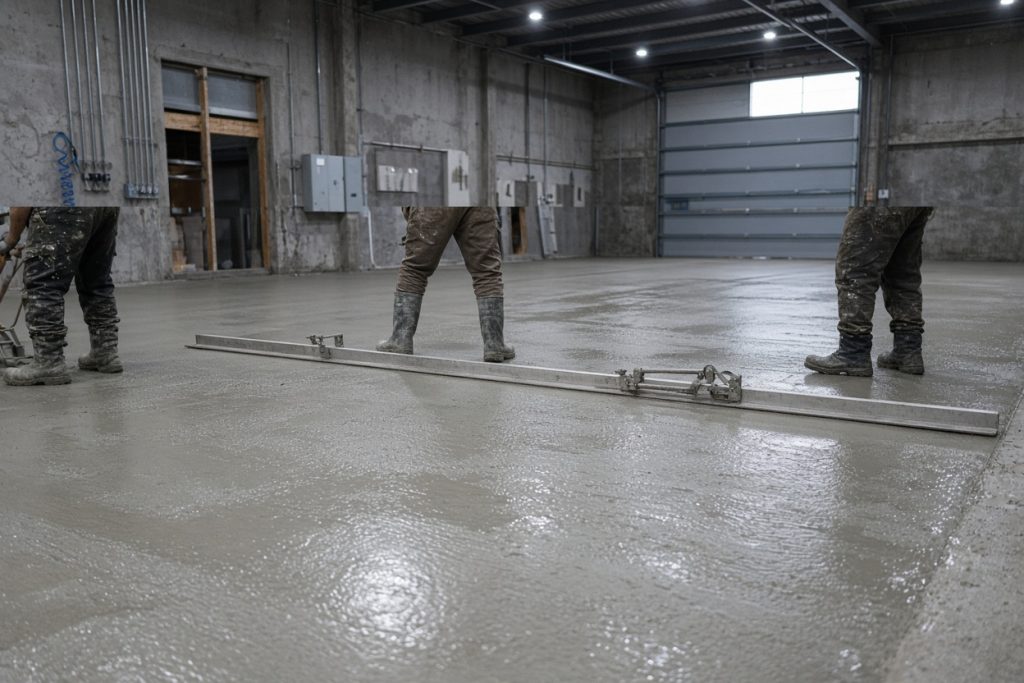 Crew screeding a new shop floor in a commercial bay — Commercial Concrete in Hebron