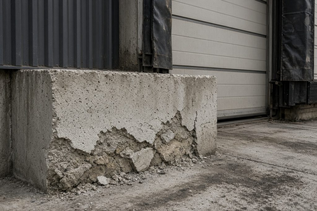 Spalled concrete at a warehouse dock door after winter — Commercial Concrete in Portage