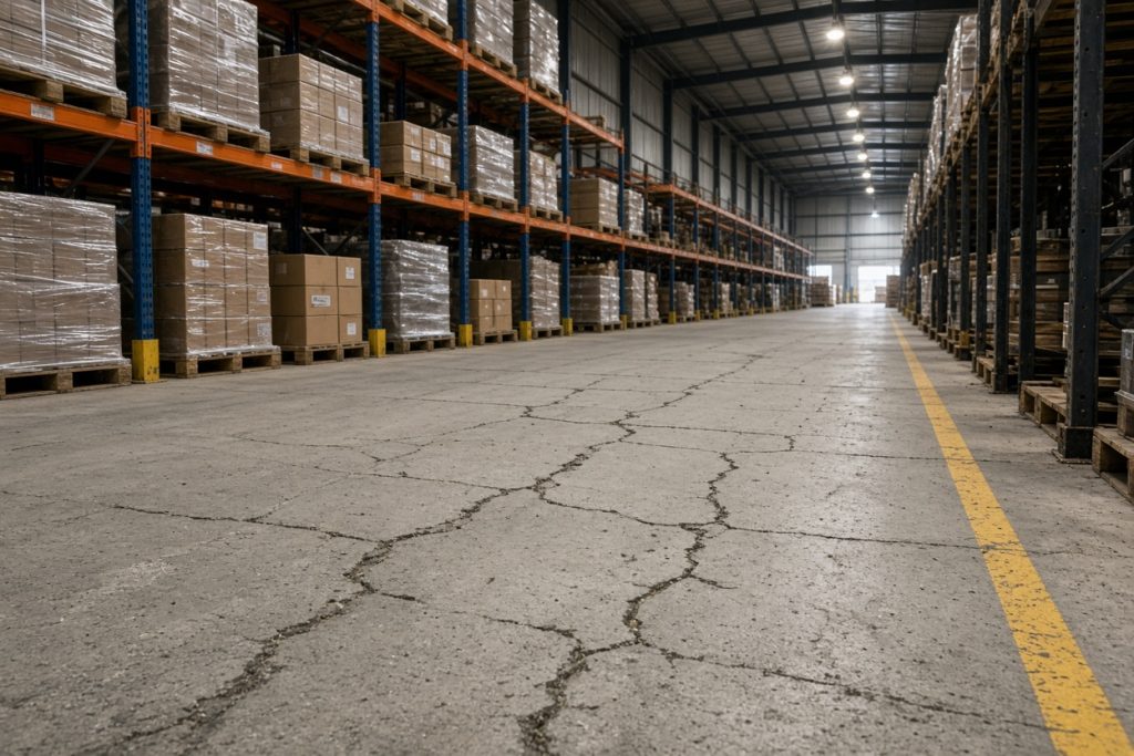 Forklift travel lane with cracked warehouse slab — Commercial Concrete in Portage