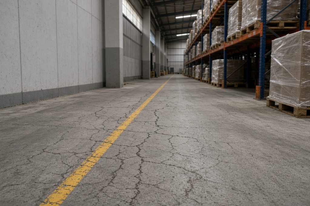 Forklift travel lane with cracked warehouse slab — Commercial Concrete in Portage