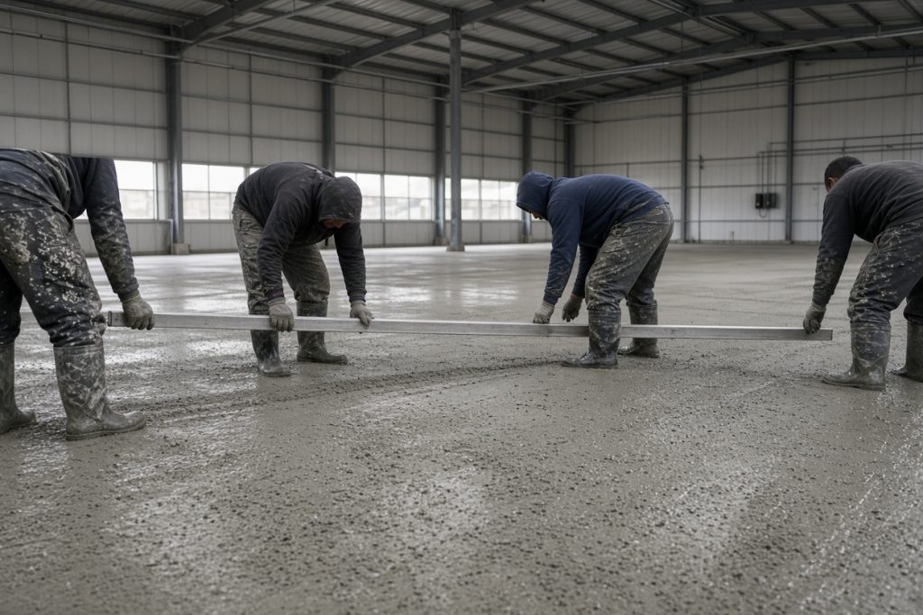 Crew screeding a new warehouse floor pour — Commercial Concrete in Portage