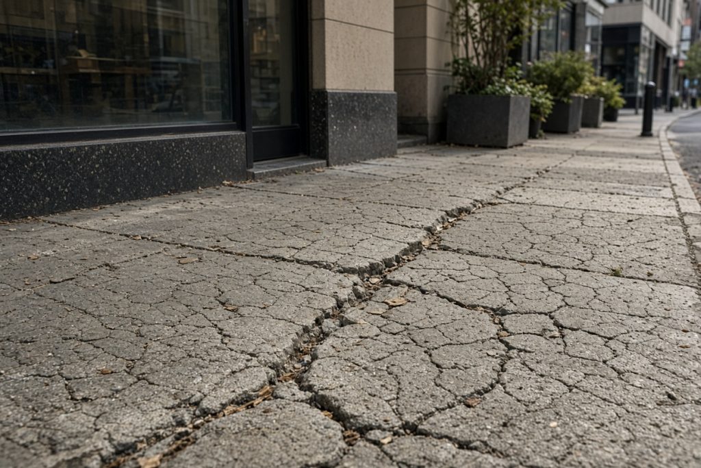 Cracked storefront sidewalk with scaled surface downtown — Commercial Concrete in Valparaiso