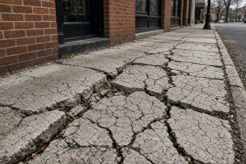 Cracked storefront sidewalk with scaled surface downtown — Commercial Concrete in Valparaiso