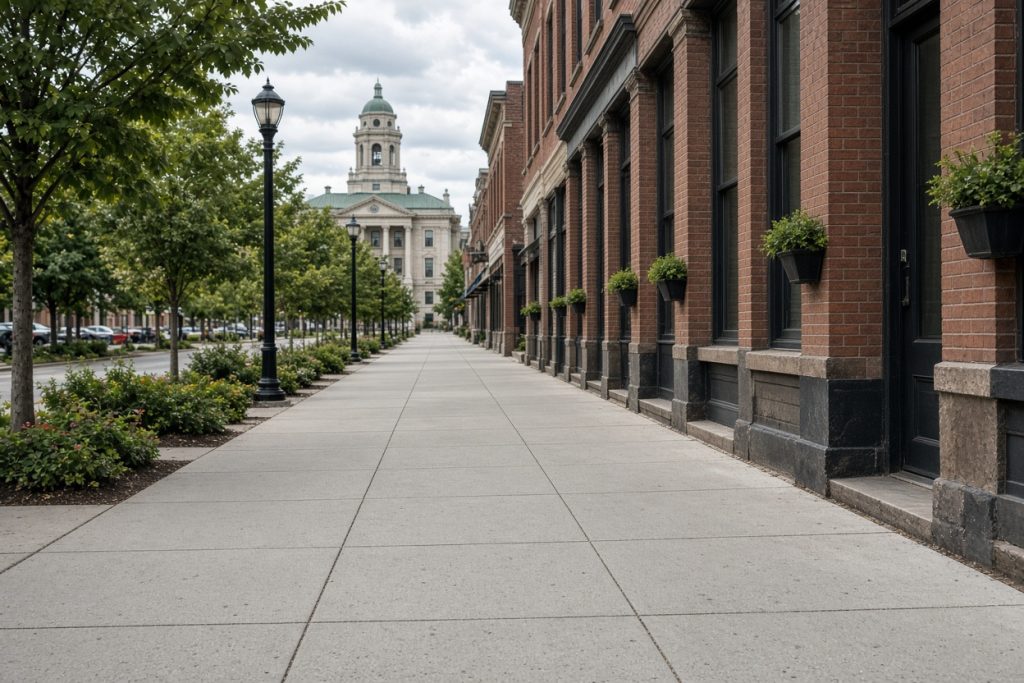 Downtown sidewalk along storefronts toward the courthouse — Commercial Concrete in Valparaiso