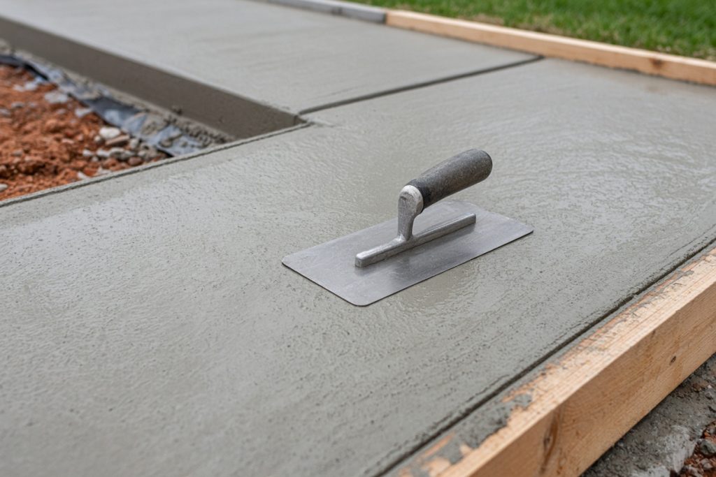 Finishing trowel on a new commercial sidewalk panel — Commercial Concrete in Valparaiso