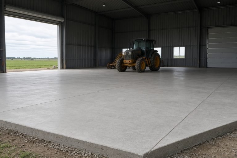 Finished smooth slab inside a farm equipment barn - Commercial Concrete in Wheeler