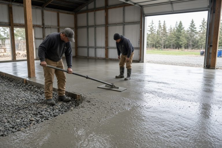 Crew finishing a fresh pour in an equipment shop - Commercial Concrete in Wheeler