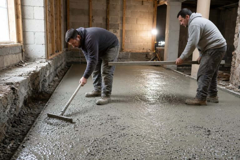 Workers placing new concrete on a basement floor — Concrete Basements in Dolton