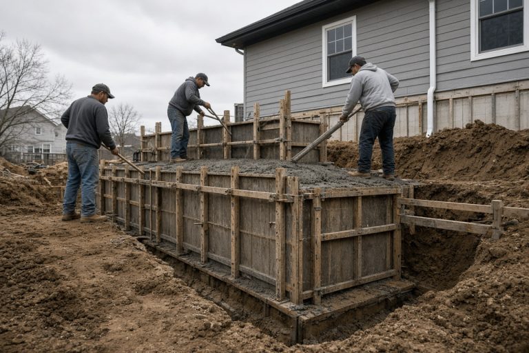 Crew placing concrete in basement wall forms — Concrete Basements in Dyer