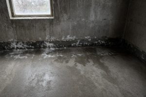 Damp basement floor with dark moisture along the wall — Concrete Basements in Lansing