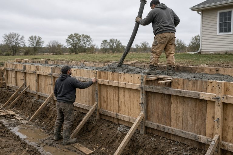 Crew placing concrete in basement wall forms — Concrete Basements in Lowell