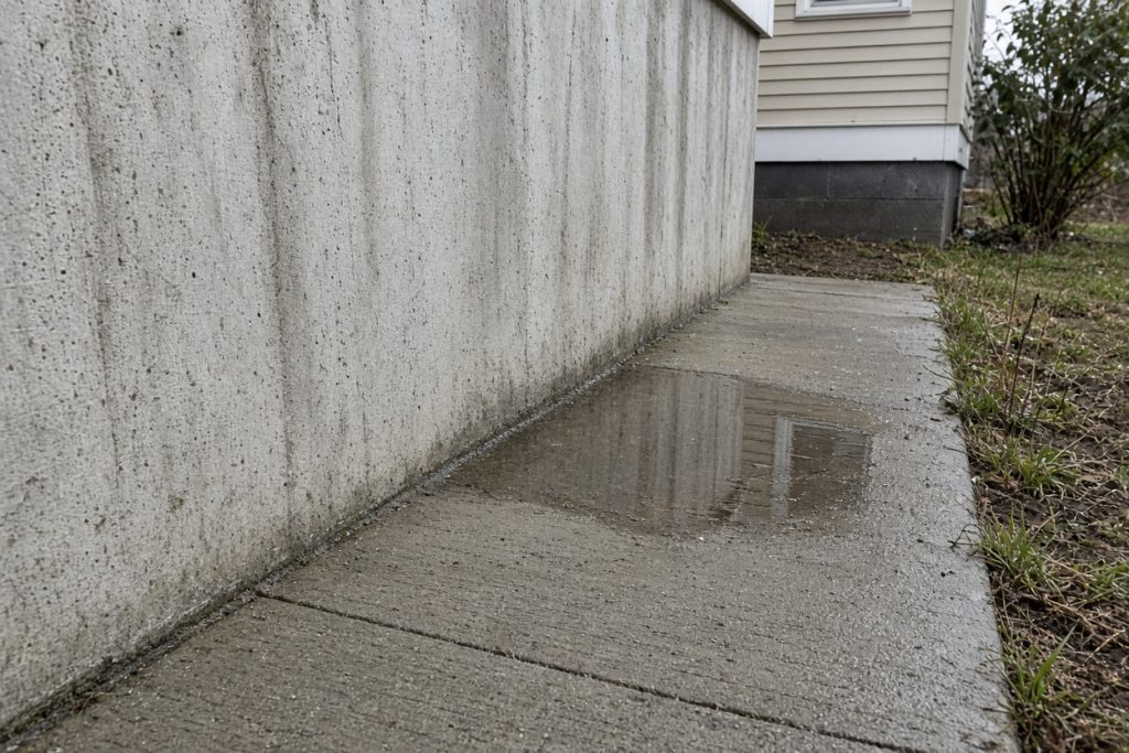 Settled walk holding water beside a house foundation — Concrete Basements in Lowell