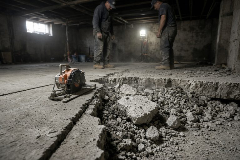 Crew cutting out a failed basement floor — Concrete Basements in Michigan City