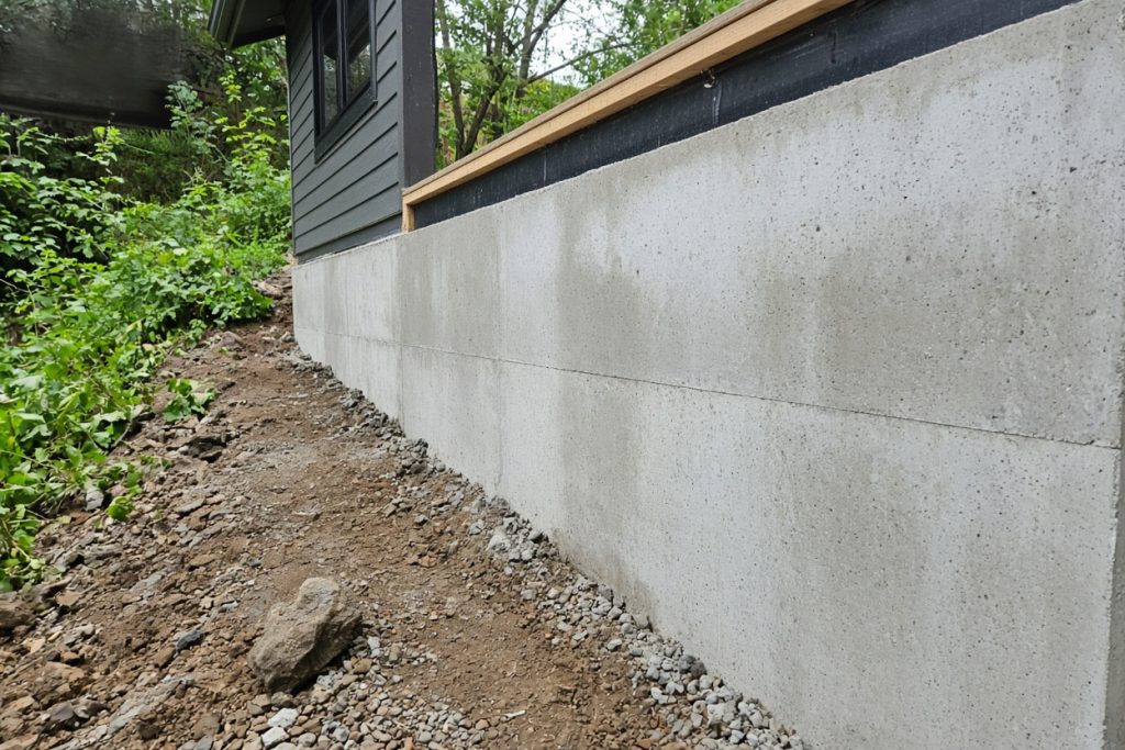 Fresh poured walk-out basement wall at downhill grade — Concrete Basements in Ogden Dunes