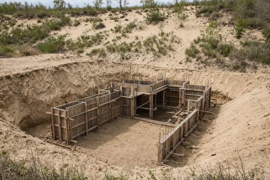 Sandy hillside lot with basement excavation and wall forms — Concrete Basements in Ogden Dunes