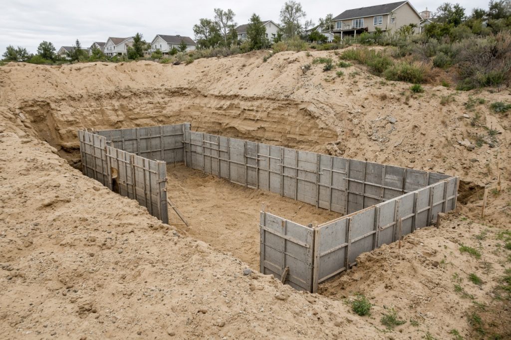 Sandy hillside lot with basement excavation and wall forms — Concrete Basements in Ogden Dunes
