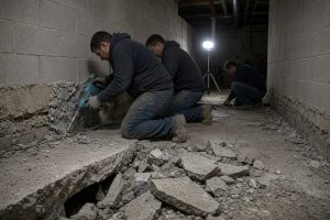 Crew chipping failed concrete at a basement wall joint: Concrete Basements in South Holland