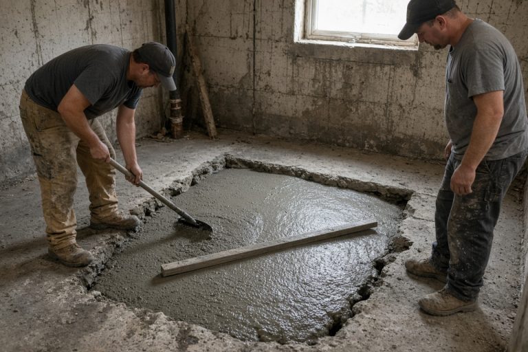 Crew placing fresh concrete in a cut basement floor section — Concrete Basements in St. John